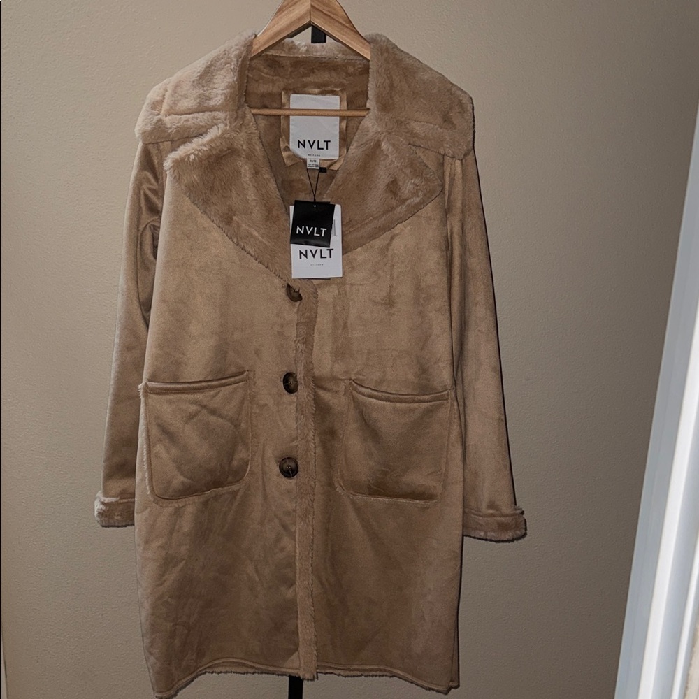 NWT NVLT Anthropologie Faux Fur Faux Suede Camel Vegan Coat Women’s Size M
